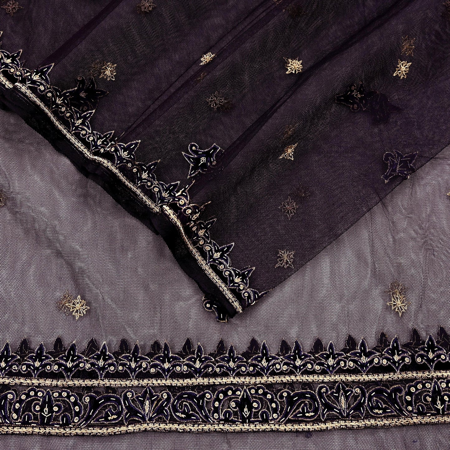 Hand Embroidered Purple Net Dupatta: Vintage Zardozi Zari Stole