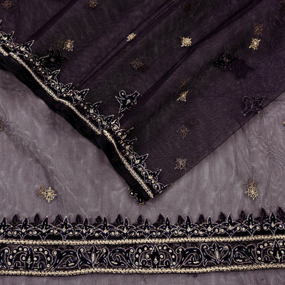 Hand Embroidered Purple Net Dupatta: Vintage Zardozi Zari Stole