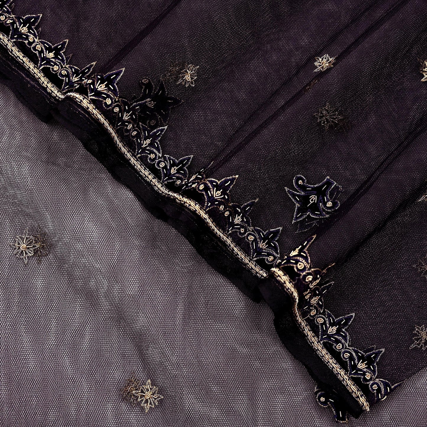 Hand Embroidered Purple Net Dupatta: Vintage Zardozi Zari Stole
