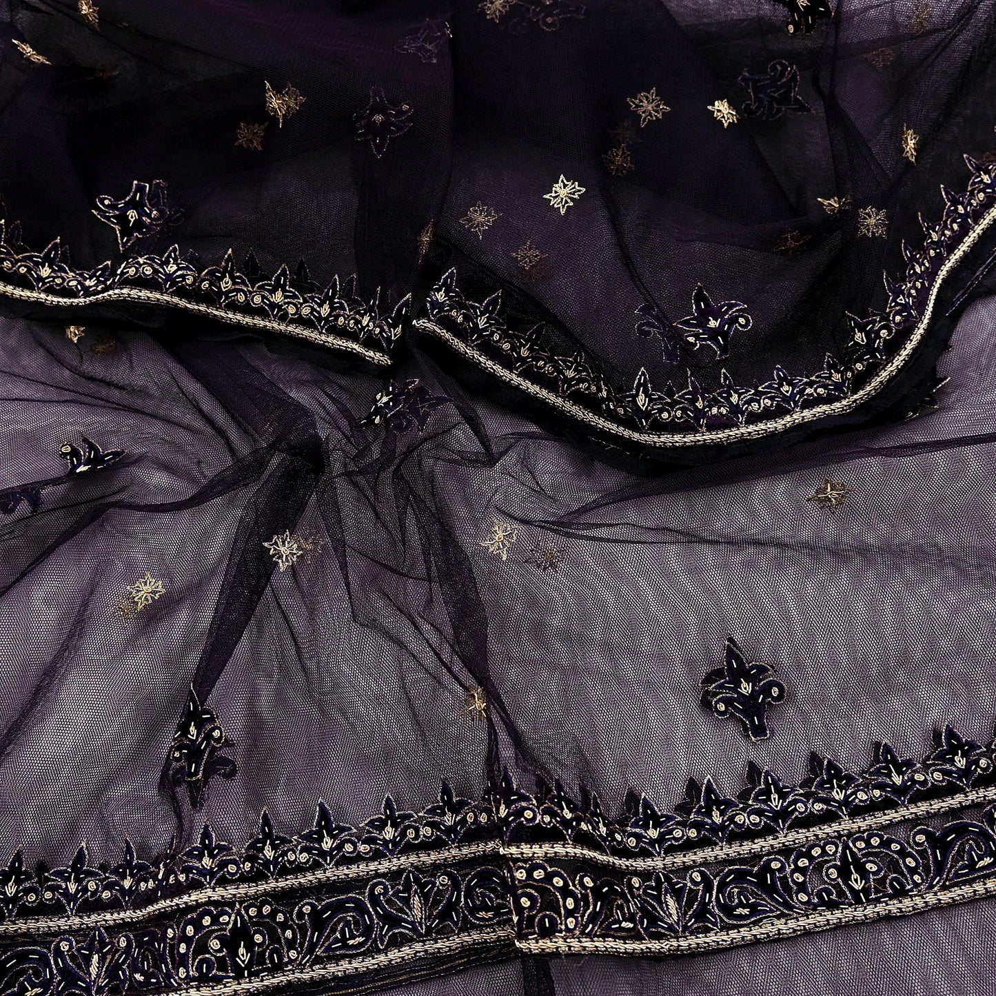 Hand Embroidered Purple Net Dupatta: Vintage Zardozi Zari Stole