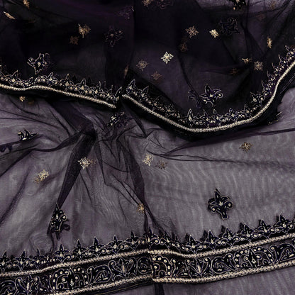 Hand Embroidered Purple Net Dupatta: Vintage Zardozi Zari Stole