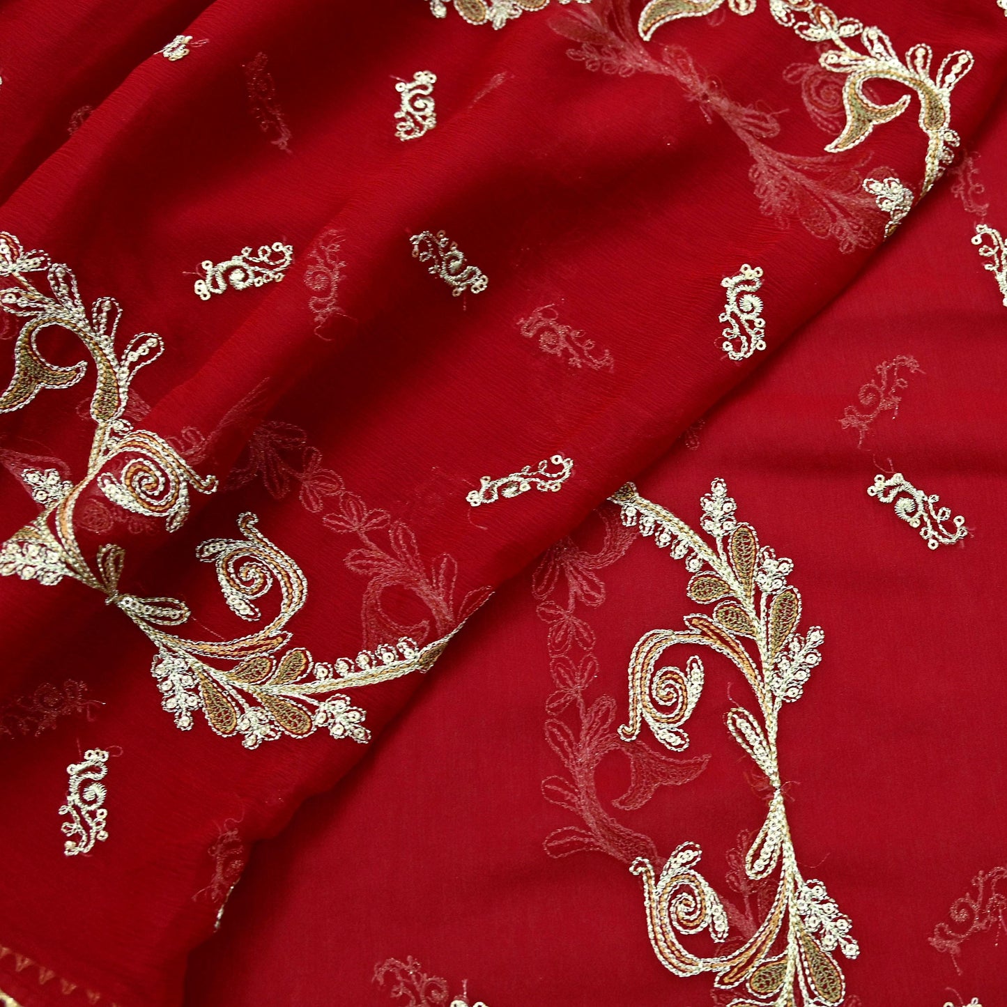 Red Chiffon Dupatta: Vintage Indian Embroidered Stole with Zari