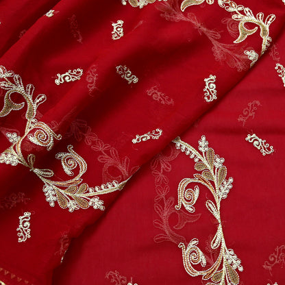 Red Chiffon Dupatta: Vintage Indian Embroidered Stole with Zari