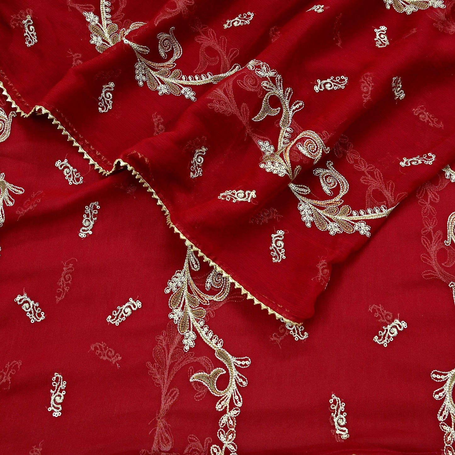 Red Chiffon Dupatta: Vintage Indian Embroidered Stole with Zari