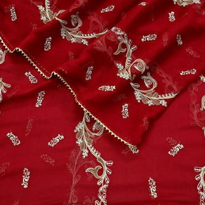 Red Chiffon Dupatta: Vintage Indian Embroidered Stole with Zari