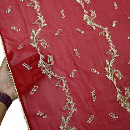 Red Chiffon Dupatta: Vintage Indian Embroidered Stole with Zari