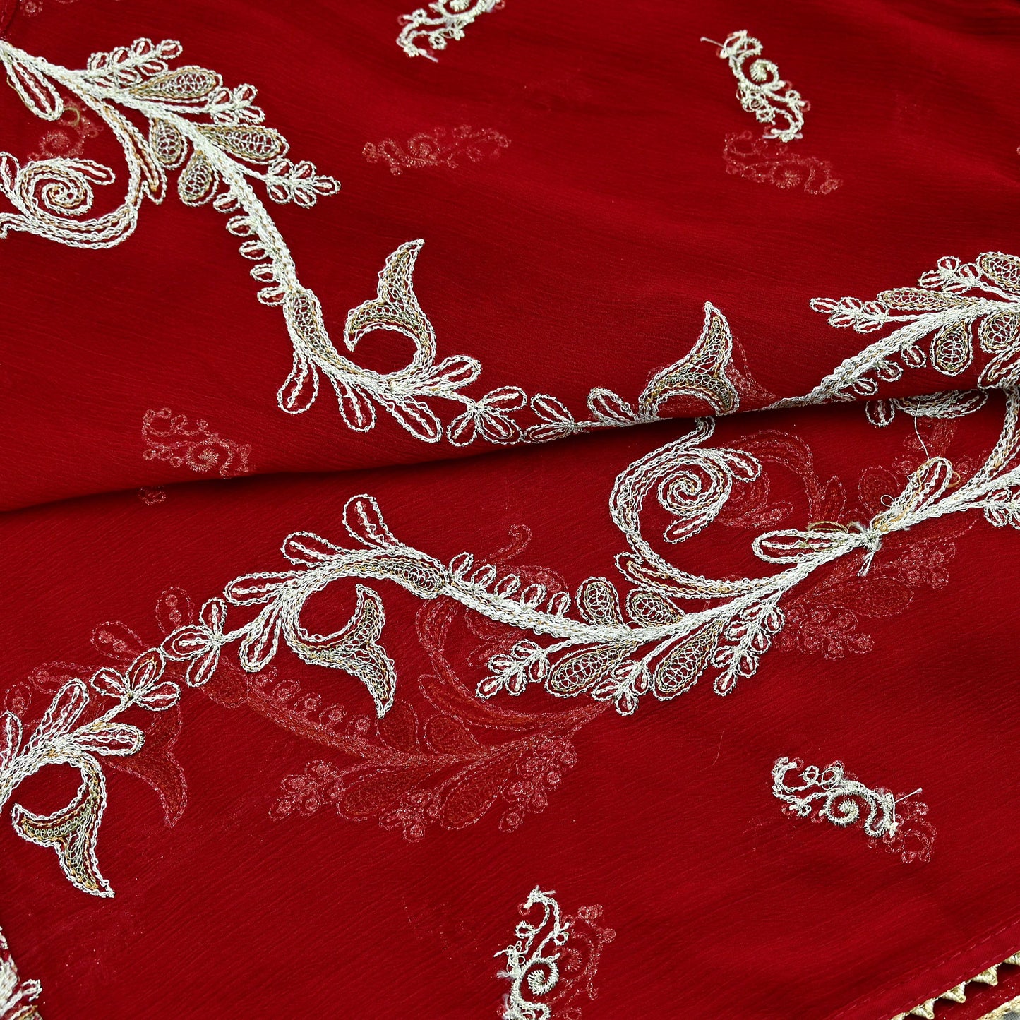 Red Chiffon Dupatta: Vintage Indian Embroidered Stole with Zari