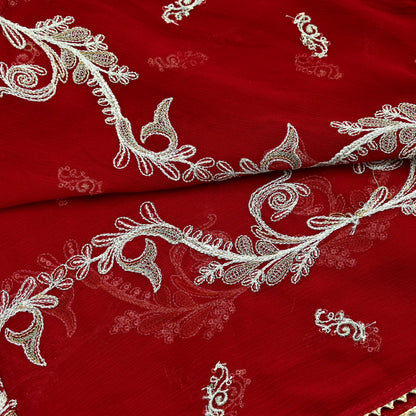 Red Chiffon Dupatta: Vintage Indian Embroidered Stole with Zari