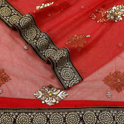 Indian Vintage Heavy Bridal Red Dupatta Net Mesh Long Stole Hand Embroidered Scarves Golden Zardozi Dabka Zari Sequins Wedding Veil Hijab