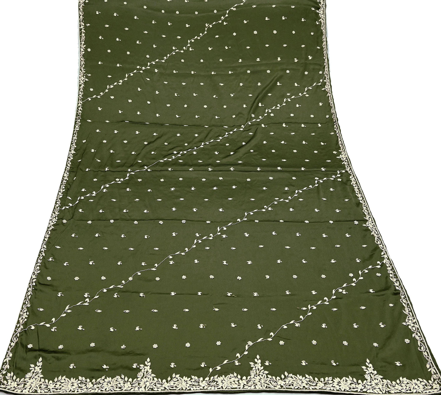 Hand Embroidered Green Satin Silk Dupatta: Indian Zardozi Stole