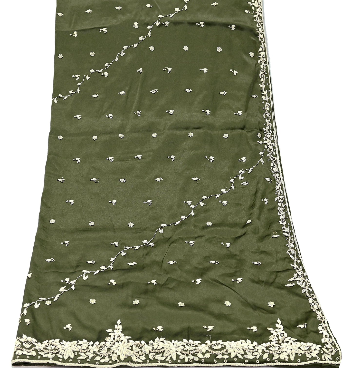 Hand Embroidered Green Satin Silk Dupatta: Indian Zardozi Stole