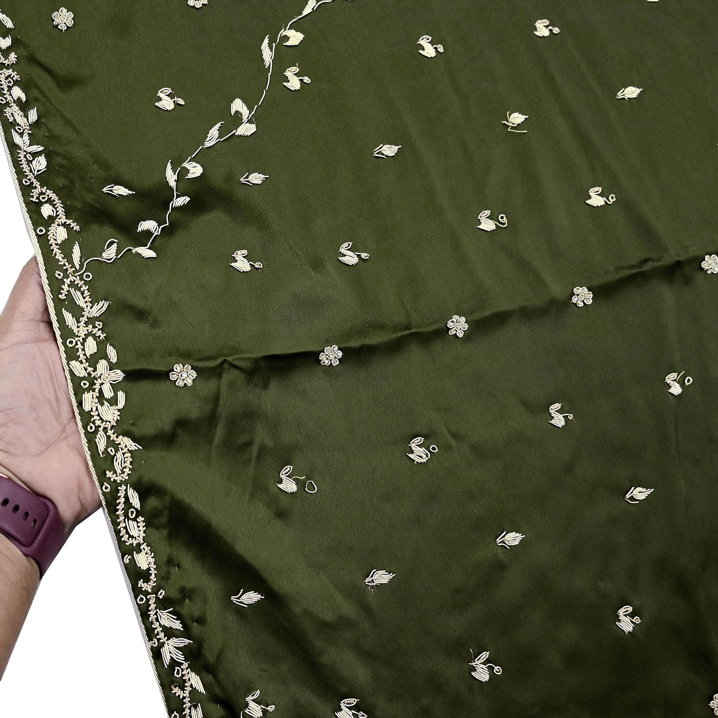Hand Embroidered Green Satin Silk Dupatta: Indian Zardozi Stole