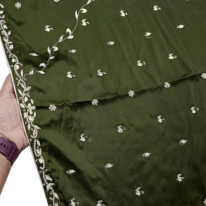 Hand Embroidered Green Satin Silk Dupatta: Indian Zardozi Stole