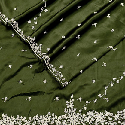 Hand Embroidered Green Satin Silk Dupatta: Indian Zardozi Stole