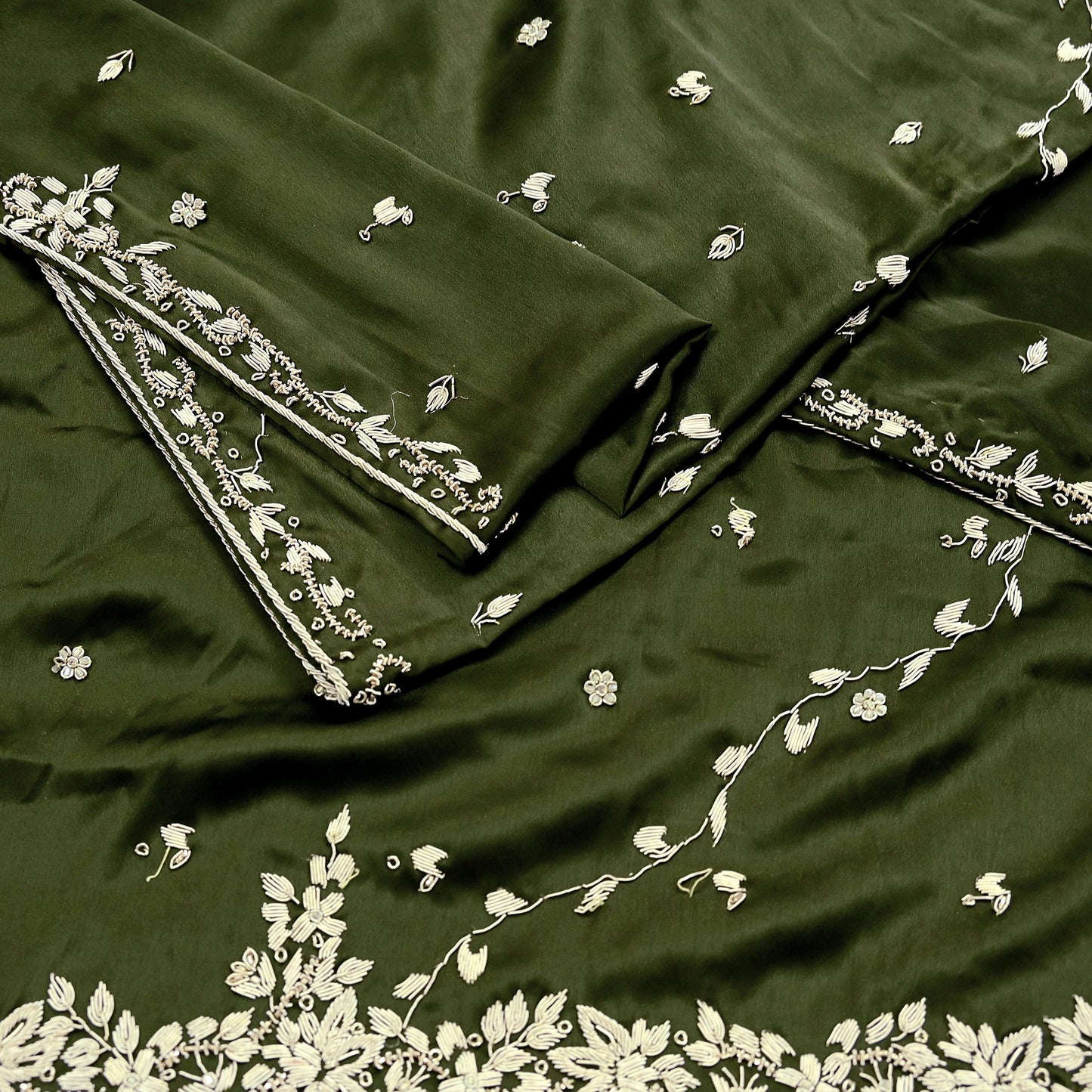 Hand Embroidered Green Satin Silk Dupatta: Indian Zardozi Stole
