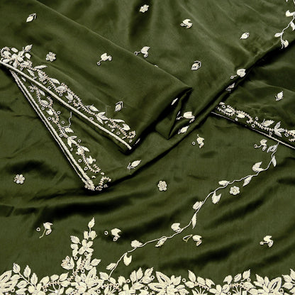 Hand Embroidered Green Satin Silk Dupatta: Indian Zardozi Stole