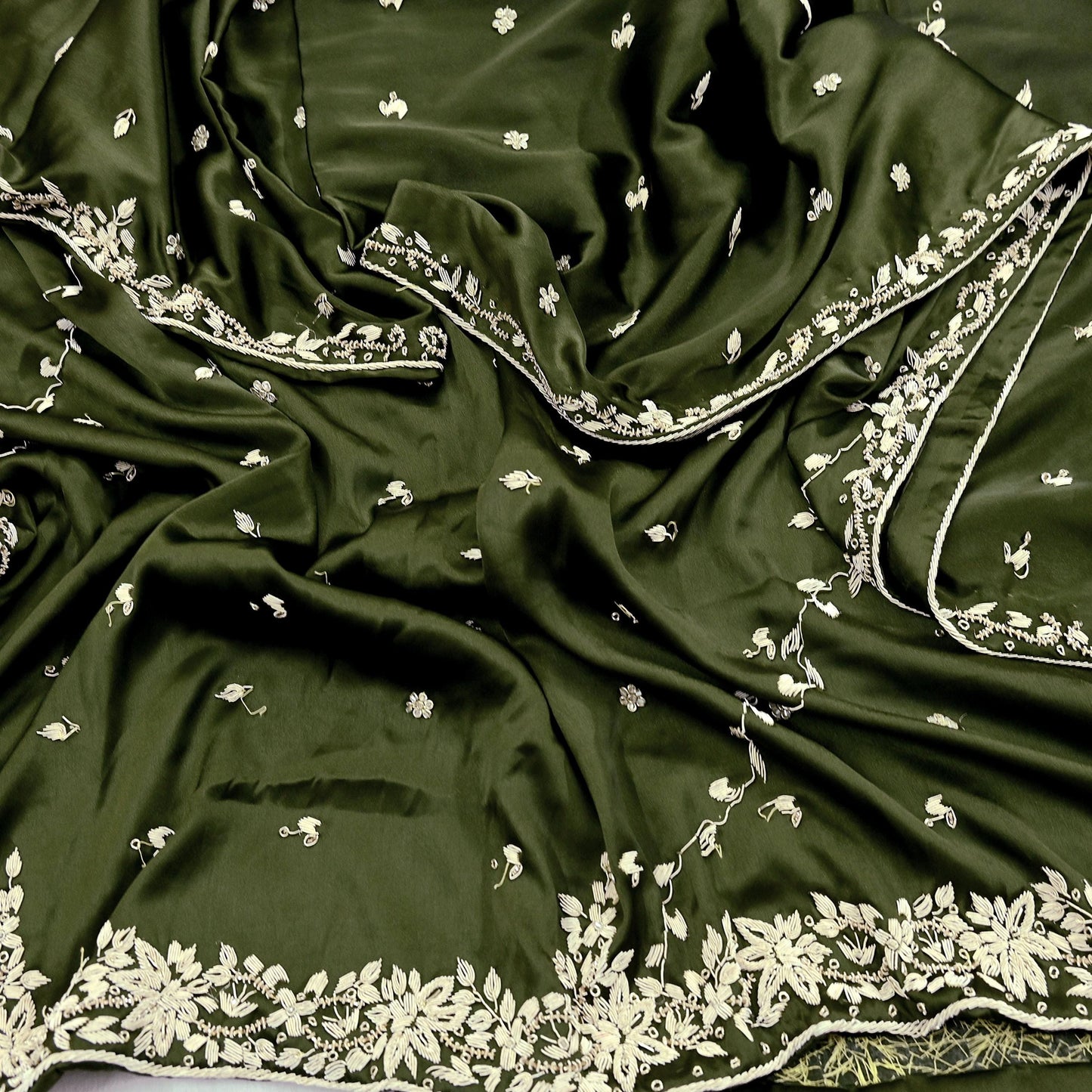 Hand Embroidered Green Satin Silk Dupatta: Indian Zardozi Stole