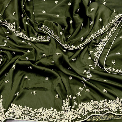 Hand Embroidered Green Satin Silk Dupatta: Indian Zardozi Stole