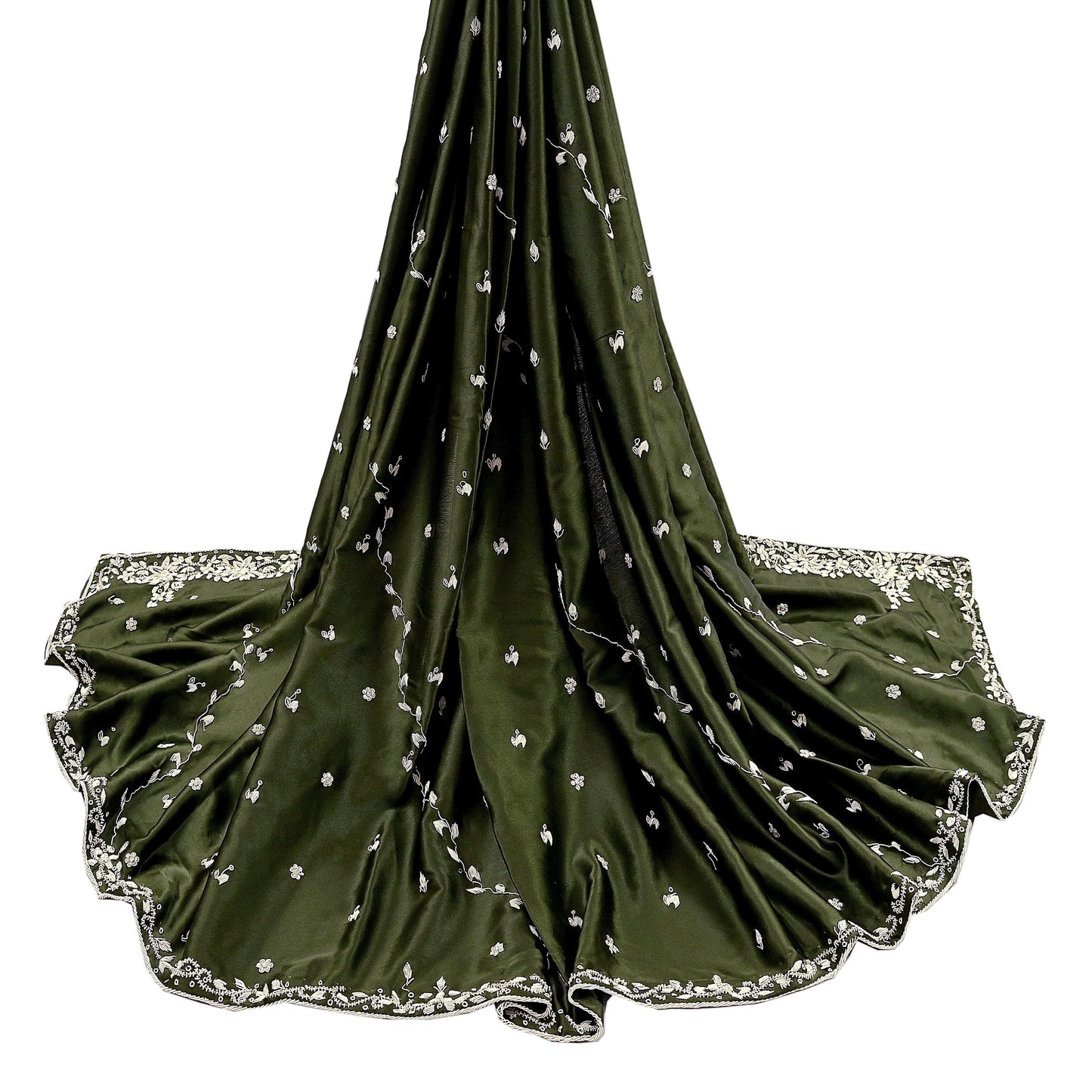Hand Embroidered Green Satin Silk Dupatta: Indian Zardozi Stole