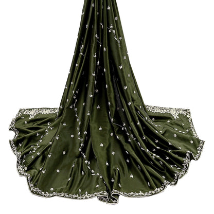 Hand Embroidered Green Satin Silk Dupatta: Indian Zardozi Stole