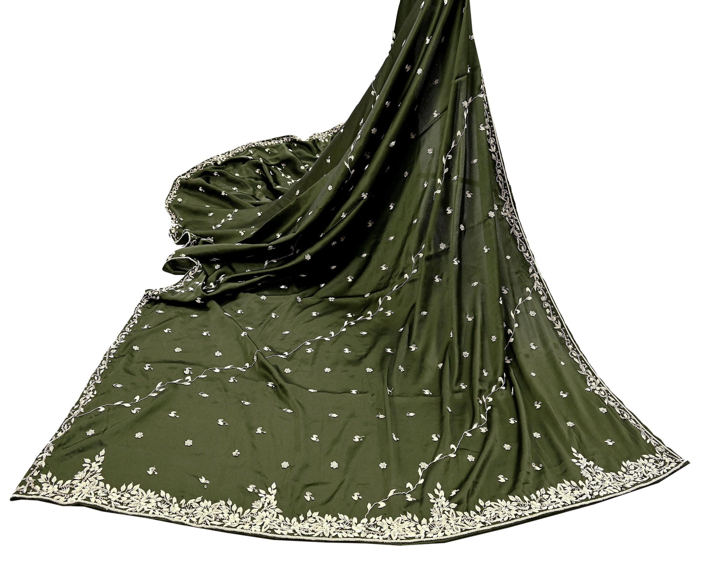 Hand Embroidered Green Satin Silk Dupatta: Indian Zardozi Stole