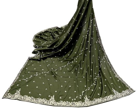 Hand Embroidered Green Satin Silk Dupatta: Indian Zardozi Stole