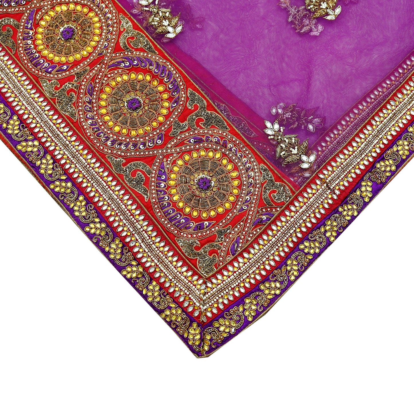 Indian Vintage Heavy Wedding Purple Net/Mesh/ Velvet Hand Embroidered Dupatta Designer By Anamika Khanna Bridal Wear Zardozi Hijab