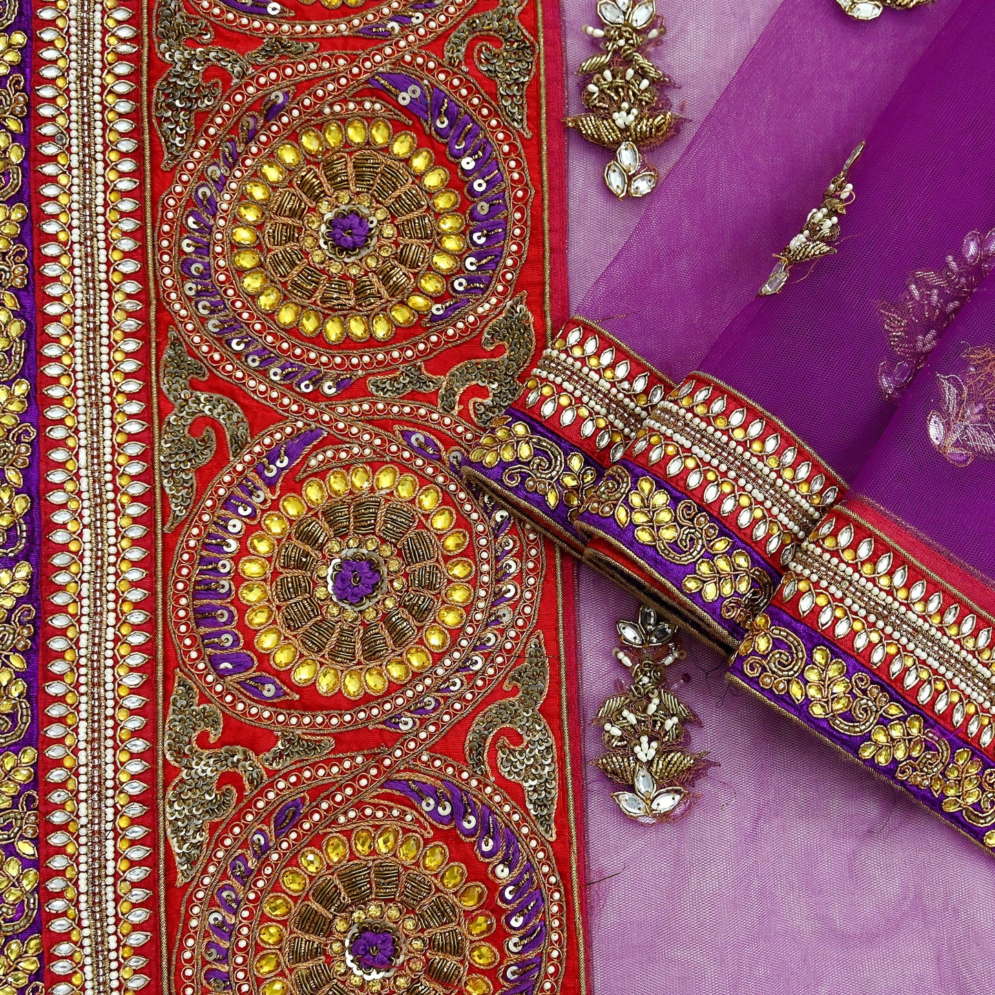 Indian Vintage Heavy Wedding Purple Net/Mesh/ Velvet Hand Embroidered Dupatta Designer By Anamika Khanna Bridal Wear Zardozi Hijab