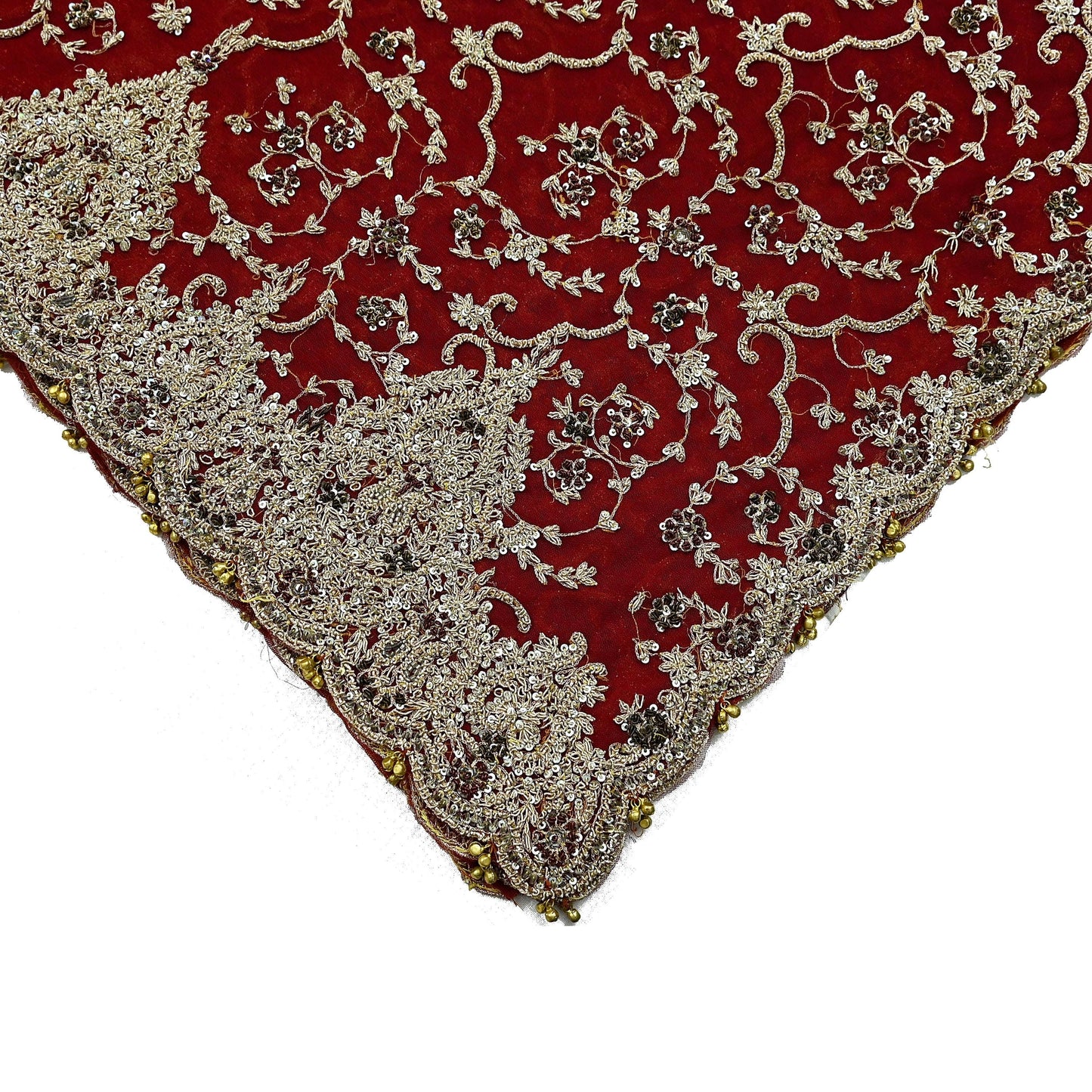 Indian Vintage Heavy Bridal Red Dupatta Net Mesh Long Stole Hand Embroidered Scarves Zardozi Dabka Zari Wedding dupatta veil hijab