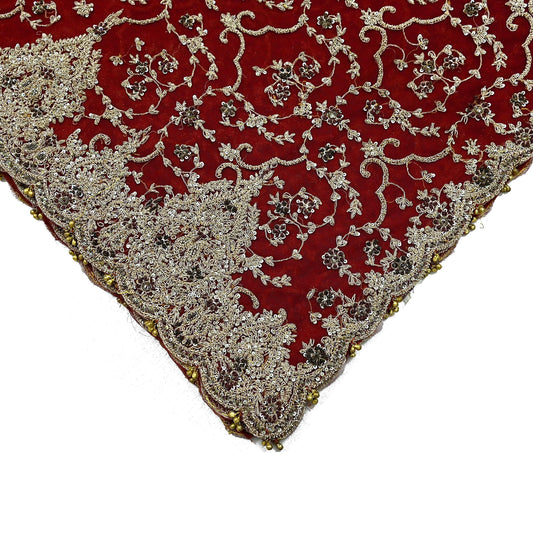 Indian Vintage Heavy Bridal Red Dupatta Net Mesh Long Stole Hand Embroidered Scarves Zardozi Dabka Zari Wedding dupatta veil hijab