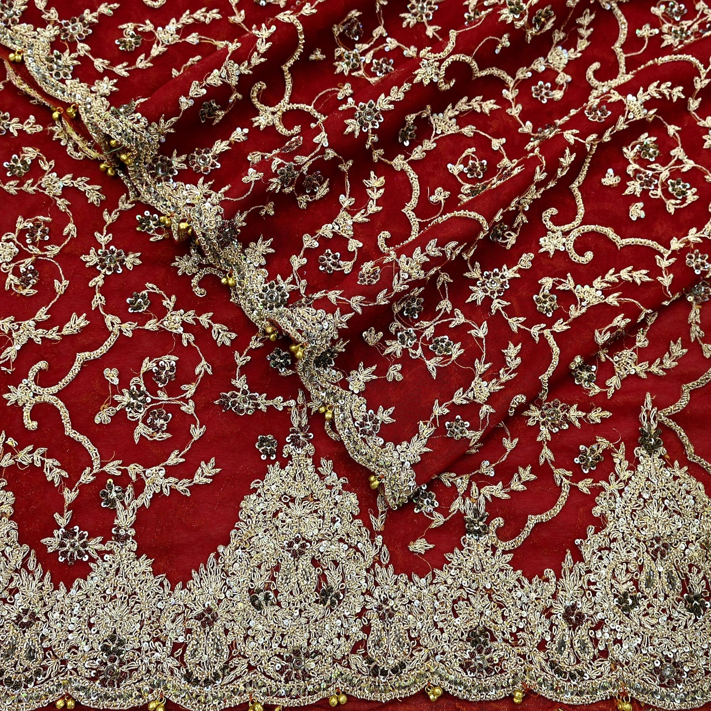 Indian Vintage Heavy Bridal Red Dupatta Net Mesh Long Stole Hand Embroidered Scarves Zardozi Dabka Zari Wedding dupatta veil hijab