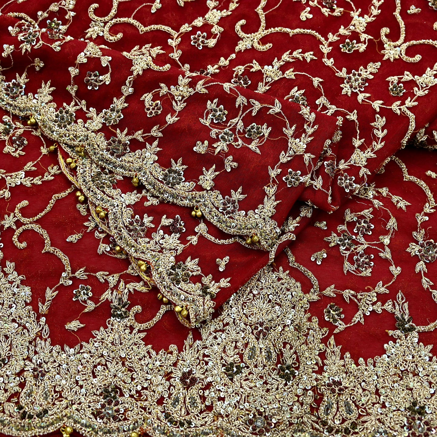 Indian Vintage Heavy Bridal Red Dupatta Net Mesh Long Stole Hand Embroidered Scarves Zardozi Dabka Zari Wedding dupatta veil hijab