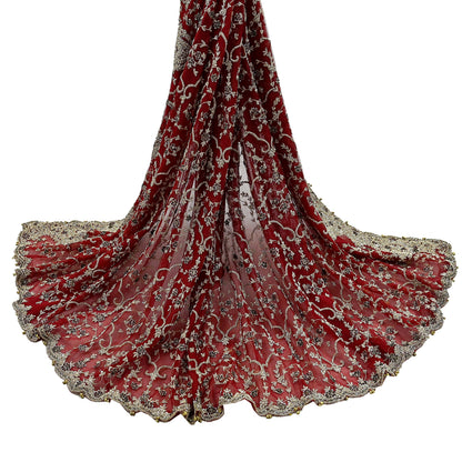 Indian Vintage Heavy Bridal Red Dupatta Net Mesh Long Stole Hand Embroidered Scarves Zardozi Dabka Zari Wedding dupatta veil hijab