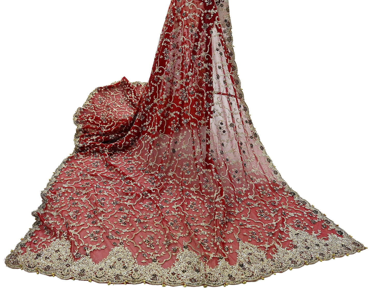 Indian Vintage Heavy Bridal Red Dupatta Net Mesh Long Stole Hand Embroidered Scarves Zardozi Dabka Zari Wedding dupatta veil hijab