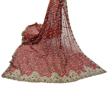 Indian Vintage Heavy Bridal Red Dupatta Net Mesh Long Stole Hand Embroidered Scarves Zardozi Dabka Zari Wedding dupatta veil hijab