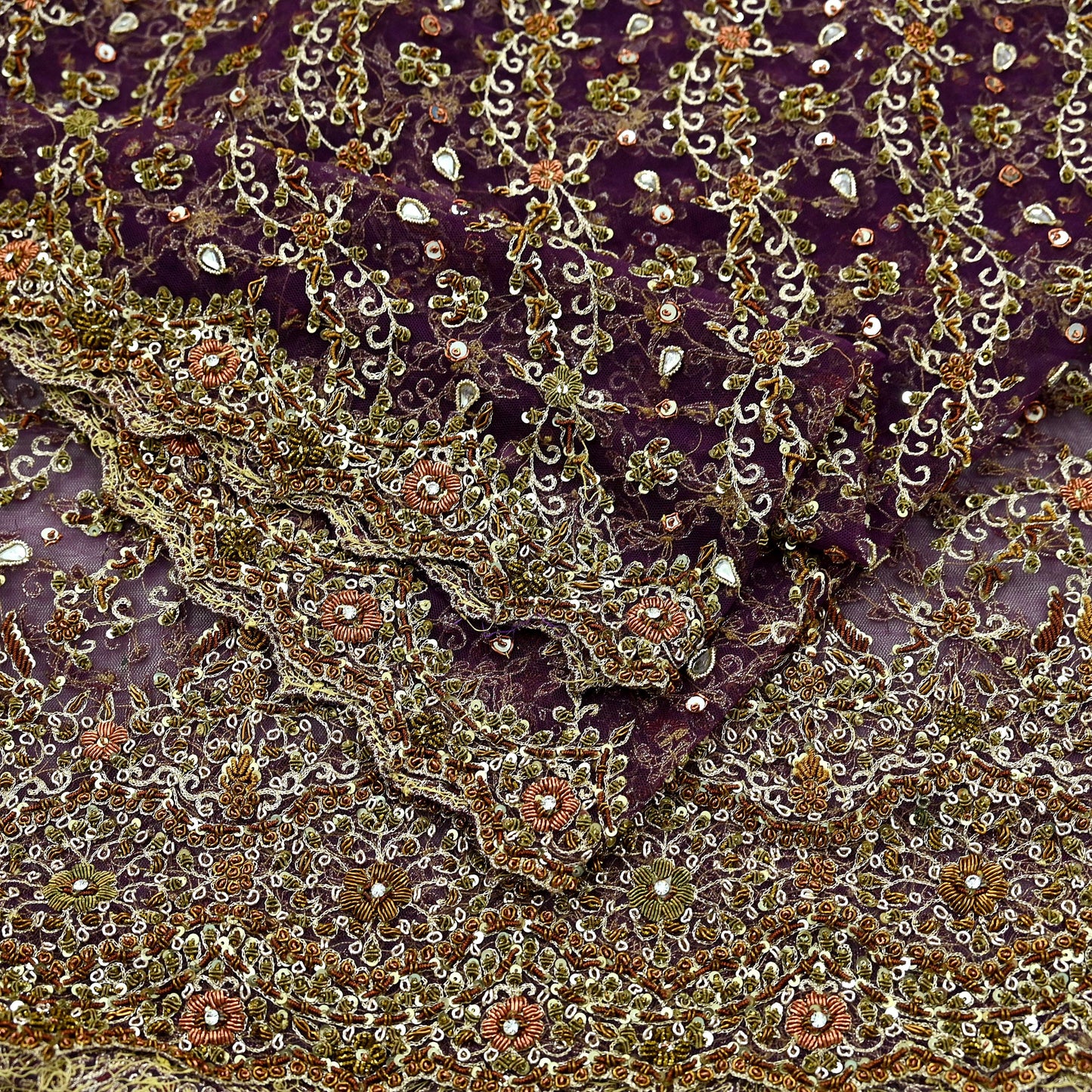 Hand Embroidered Purple Net Dupatta: Vintage Indian Zardozi Stole