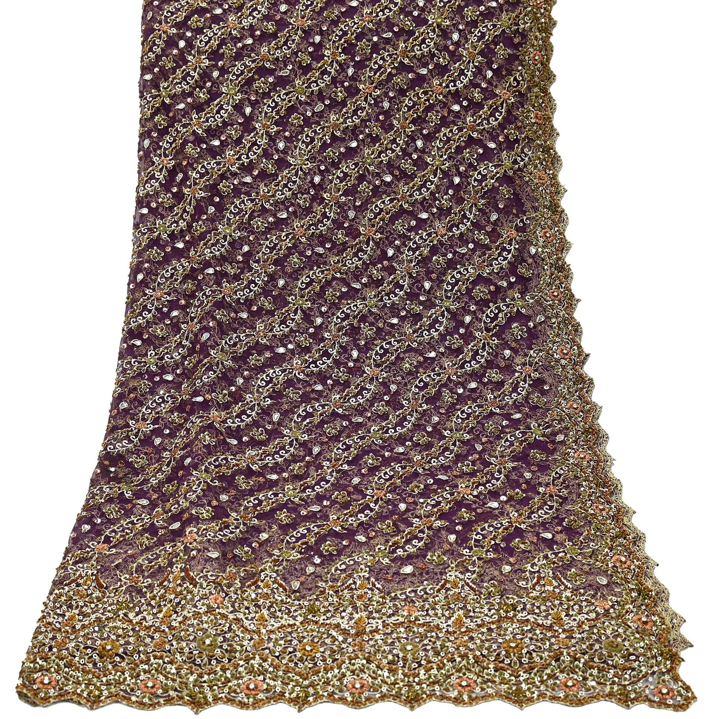 Hand Embroidered Purple Net Dupatta: Vintage Indian Zardozi Stole