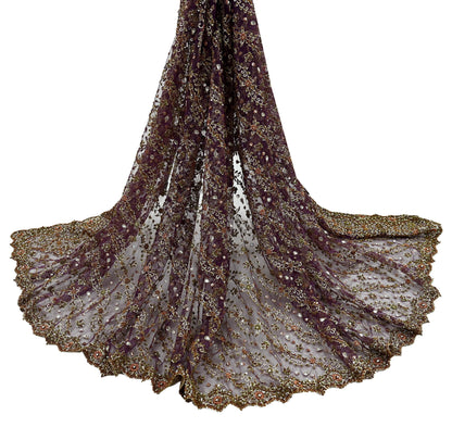 Hand Embroidered Purple Net Dupatta: Vintage Indian Zardozi Stole