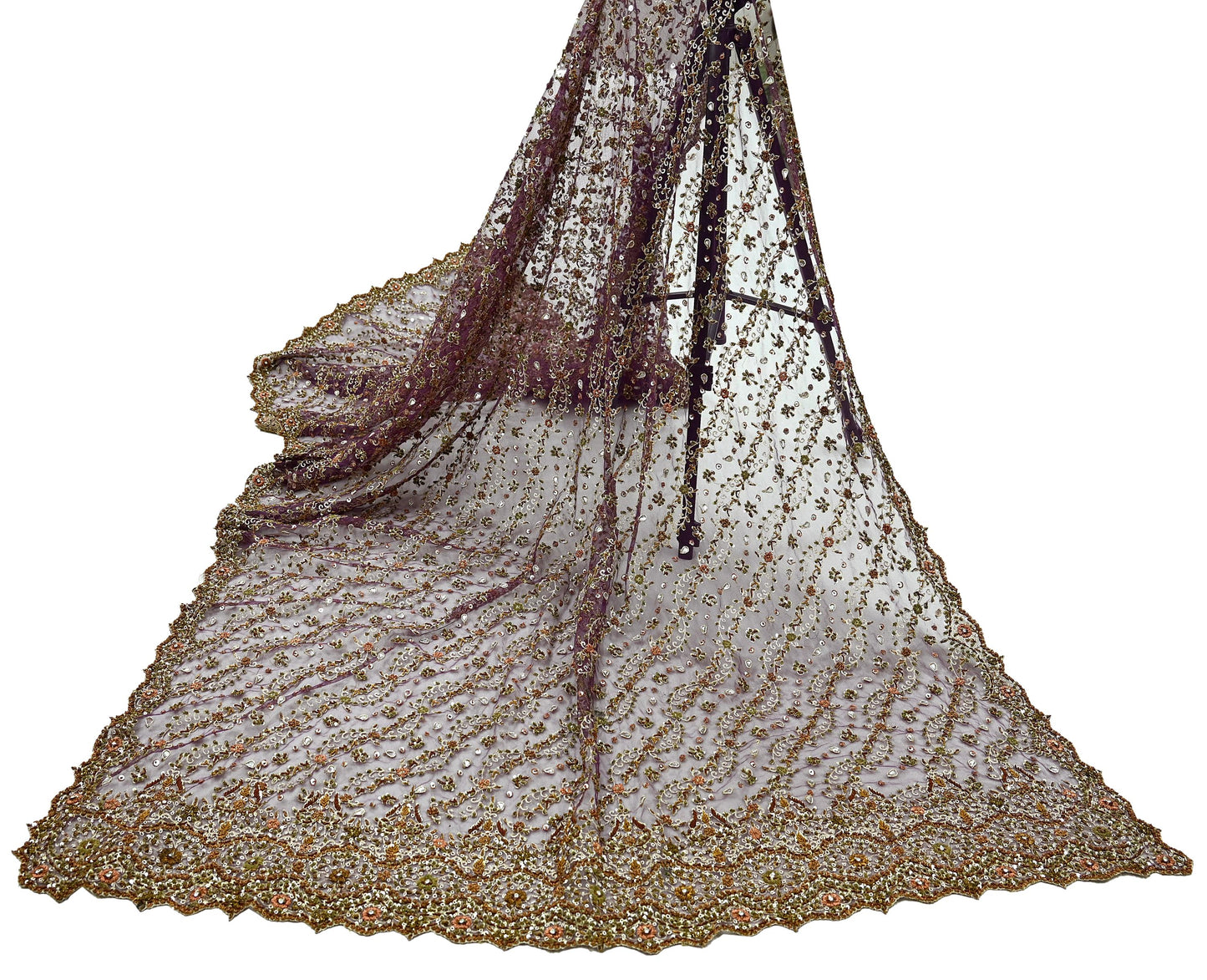 Hand Embroidered Purple Net Dupatta: Vintage Indian Zardozi Stole