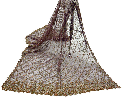 Hand Embroidered Purple Net Dupatta: Vintage Indian Zardozi Stole