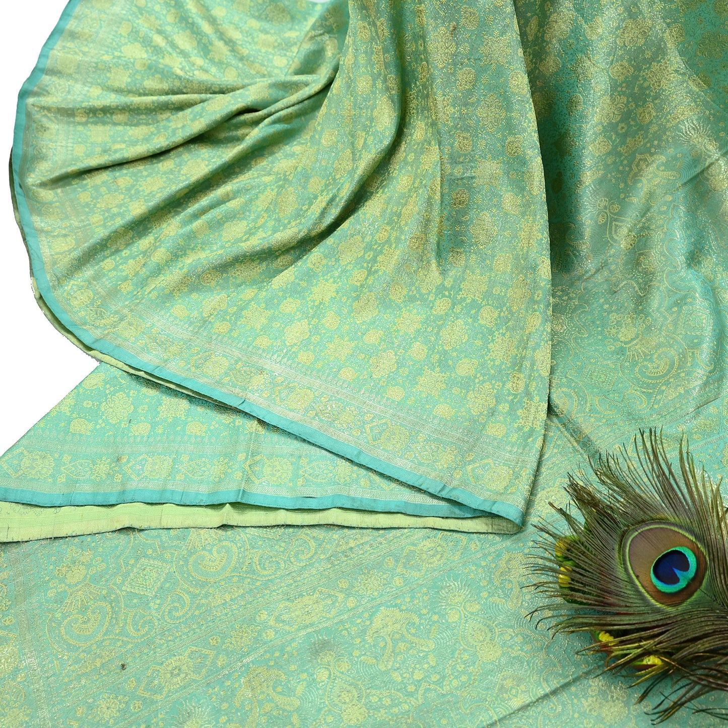 Vintage Green Banarasi Brocade Saree: Heavy Zari Woven Silk Fabric