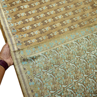 Vintage Banarasi Saree Pure Satin Silk Woven Brocade Zari Fabric Beige Maroon Heavy Craft Sari 5 Yards Indian Antique Textile Dress Making