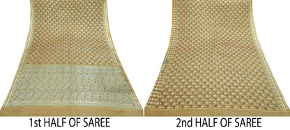 Vintage Banarasi Saree Pure Satin Silk Woven Brocade Zari Fabric Beige Maroon Heavy Craft Sari 5 Yards Indian Antique Textile Dress Making