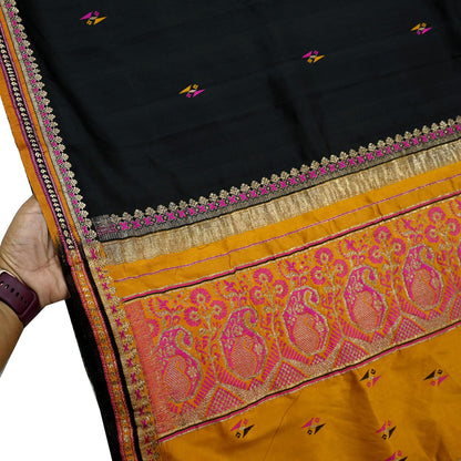 Indian Vintage Black & Mustard Hand Woven Saree 100% Pure Silk Zari 5Yd Floral Craft Fabric Quilting Dress making For Designing
