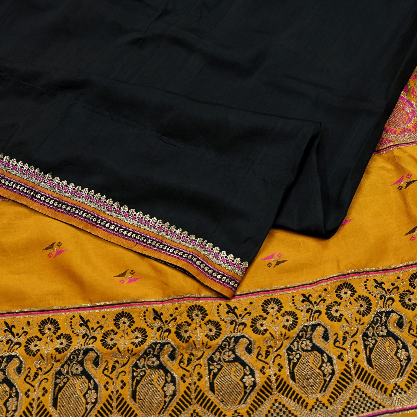 Indian Vintage Black & Mustard Hand Woven Saree 100% Pure Silk Zari 5Yd Floral Craft Fabric Quilting Dress making For Designing