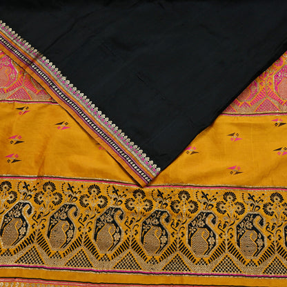 Indian Vintage Black & Mustard Hand Woven Saree 100% Pure Silk Zari 5Yd Floral Craft Fabric Quilting Dress making For Designing
