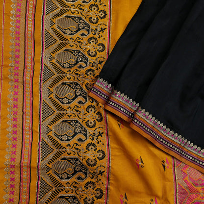 Indian Vintage Black & Mustard Hand Woven Saree 100% Pure Silk Zari 5Yd Floral Craft Fabric Quilting Dress making For Designing