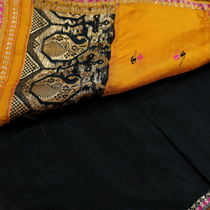 Indian Vintage Black & Mustard Hand Woven Saree 100% Pure Silk Zari 5Yd Floral Craft Fabric Quilting Dress making For Designing