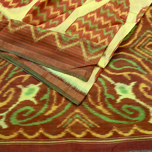 Indian Vintage Ivory & Brown Saree Pure Silk Pochampally Hand Woven Ikat Sari Craft Fabric 5Yd Ethnic Zari Border Dress making Fringes