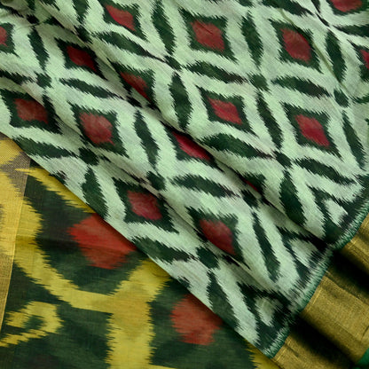 Vintage Green Sambalpuri Ikat Saree: Handwoven Silk Sari Fabric, Chakra Border